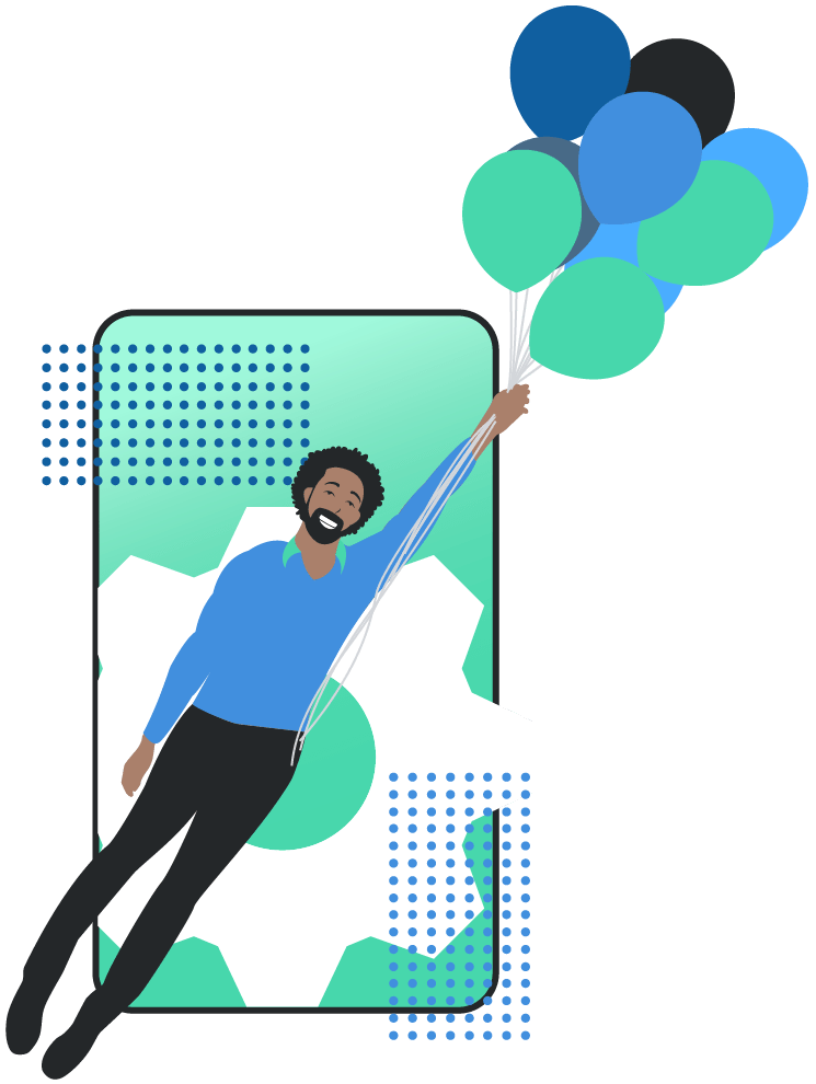 Illustration of a smiling man with curly hair, wearing a blue shirt and black pants, floating upward while holding a bunch of blue, green, and black balloons. He is partially emerging from a smartphone screen that displays a large gear icon in the background, surrounded by geometric dot patterns.
