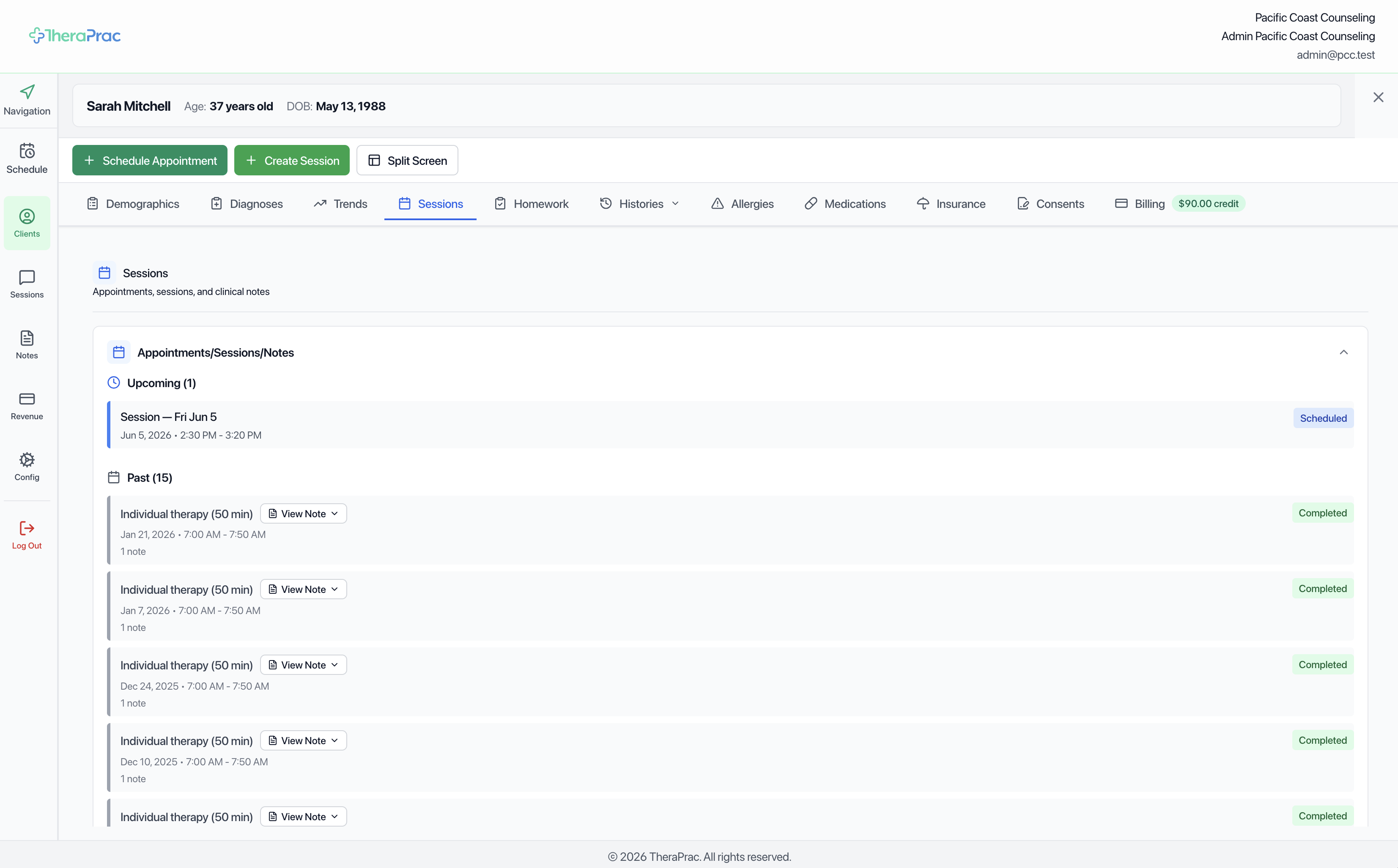 Client record and history in TheraPrac
