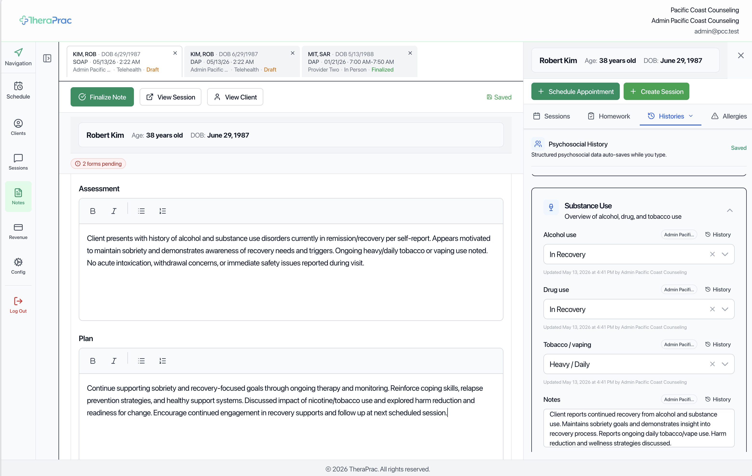 Session documentation in TheraPrac