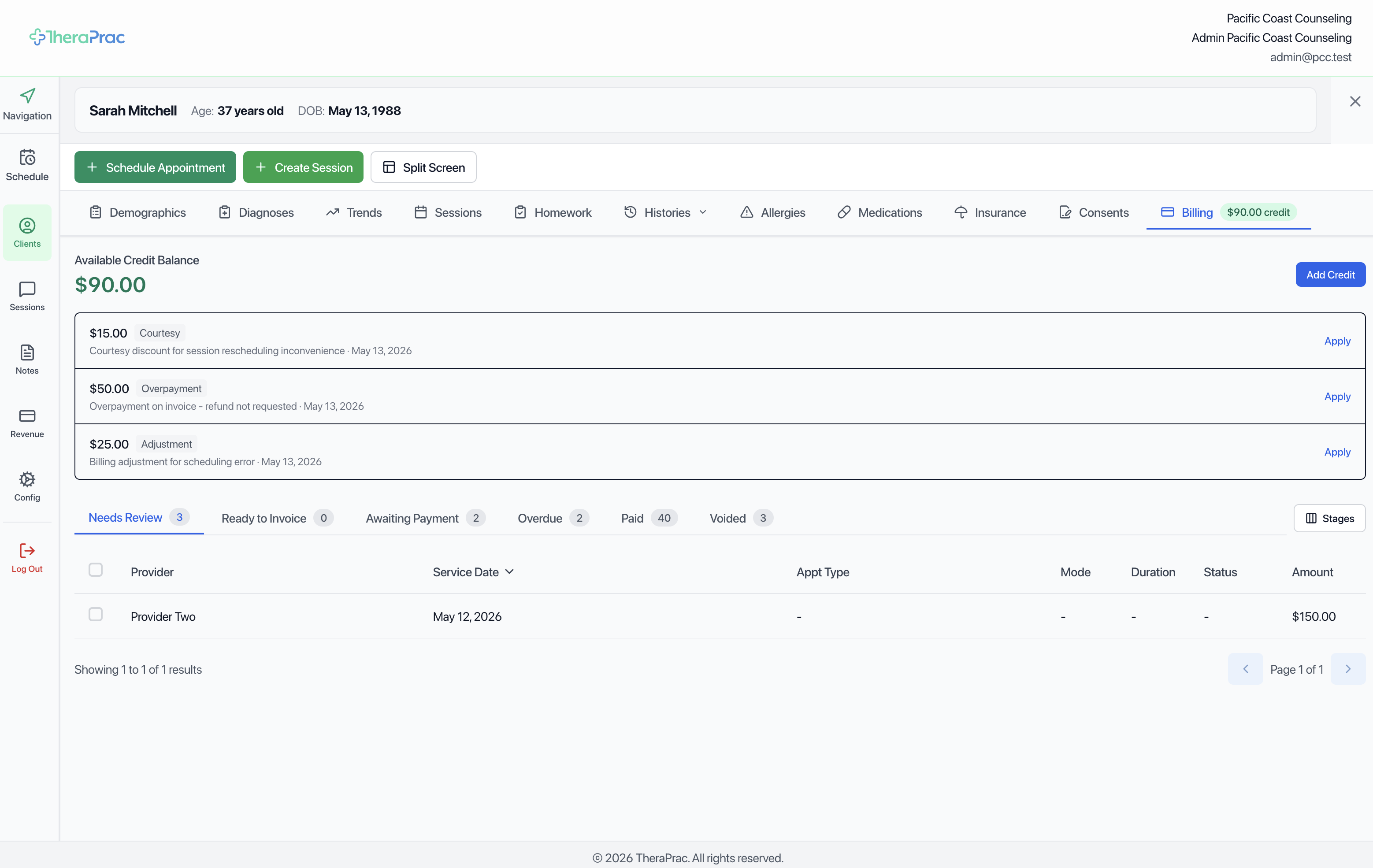Billing and payments in TheraPrac