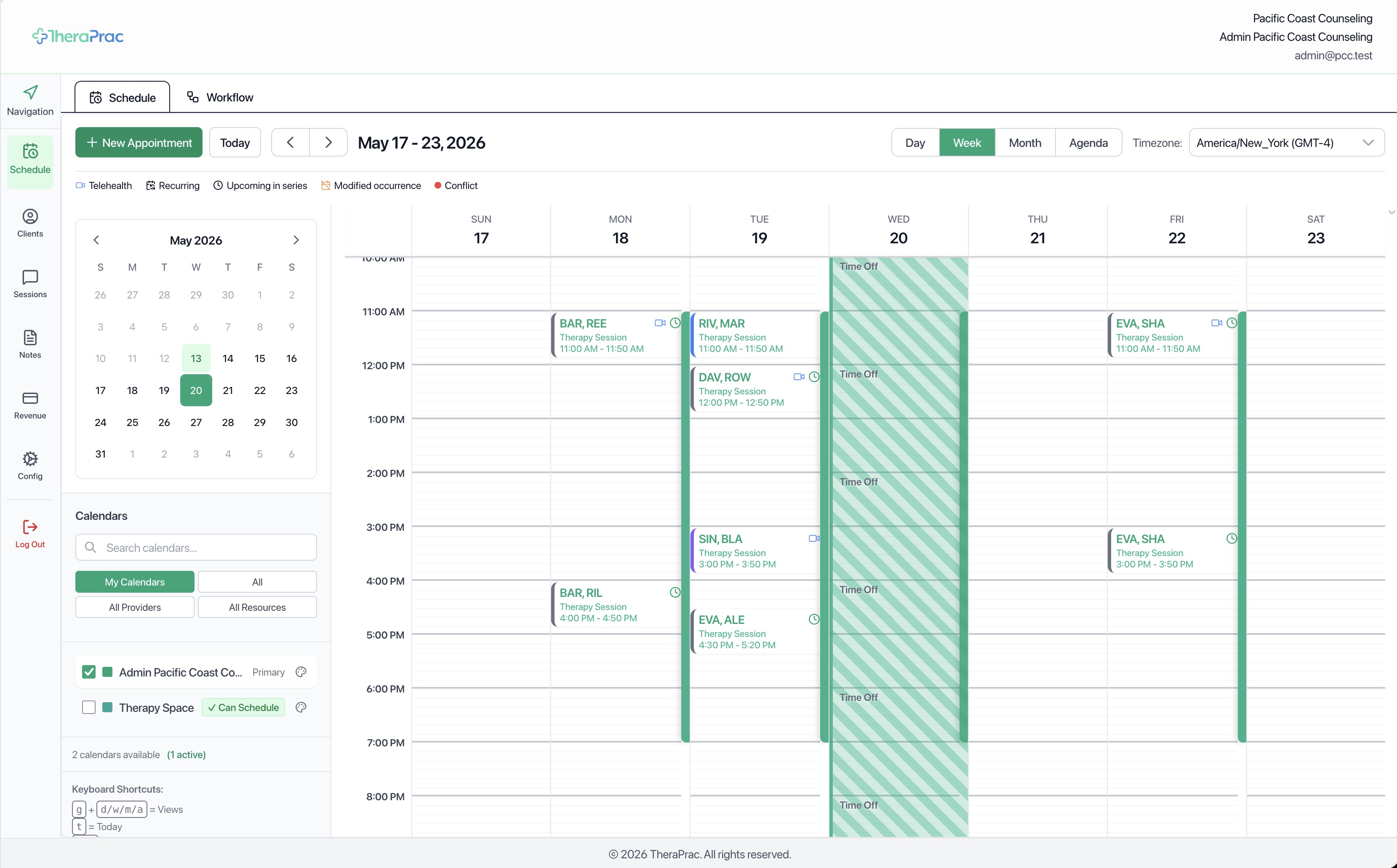 Calendar and scheduling in TheraPrac